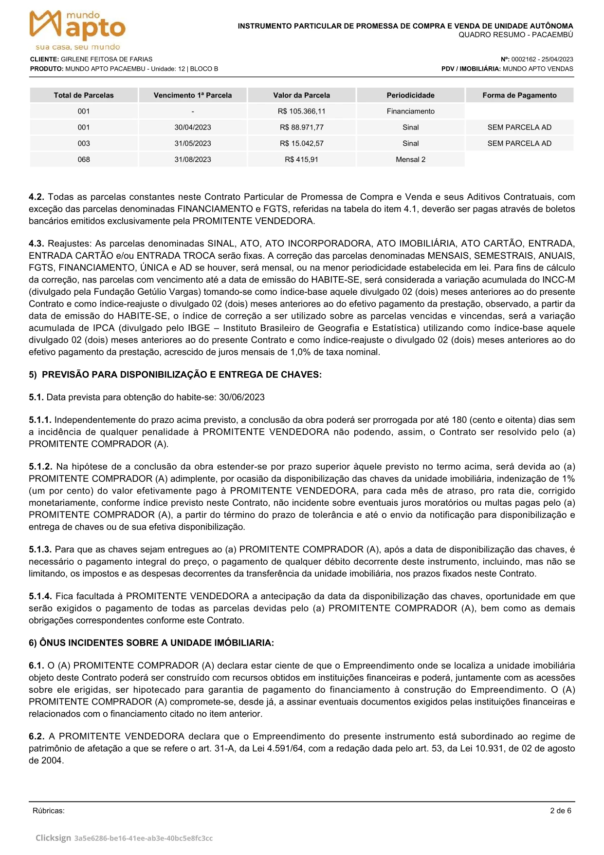 Página de contrato jurídico tradicional, com texto denso e sem formatação visual.